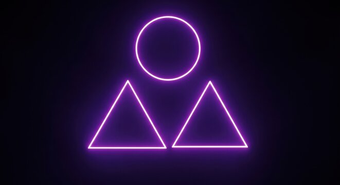 Neon purple glowing geometric shapes: a circle and two triangles in an abstract design against a dark backdrop.