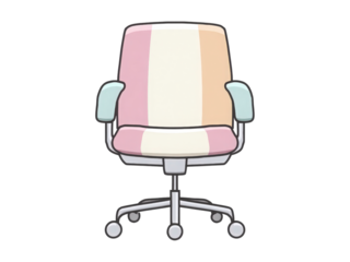 A cartoon chair with a pink, orange, and yellow striped seat cushion
