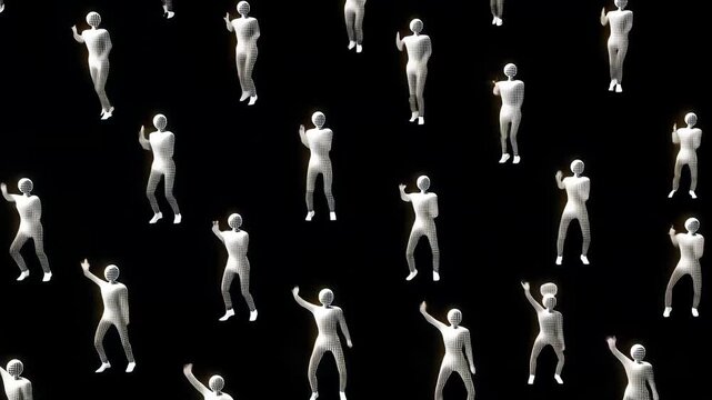 Vibrant Animated Dancing Figures on Black Background: Abstract 3D Digital Art for Party Themes