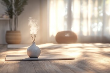 A serene scene featuring a modern incense diffuser emitting fragrant smoke, creating a tranquil atmosphere in a sunlit room for relaxation and mindfulness.