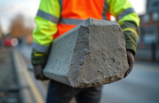 Construction worker in high-visibility clothing carries heavy concrete kerb. Man works on road building site laying down road edging. Laborer handles materials for urban infrastructure project.