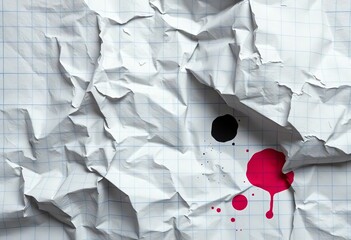 Close-up of crumpled, smudged graph paper showing ink stains and creases,  stained,  abstract