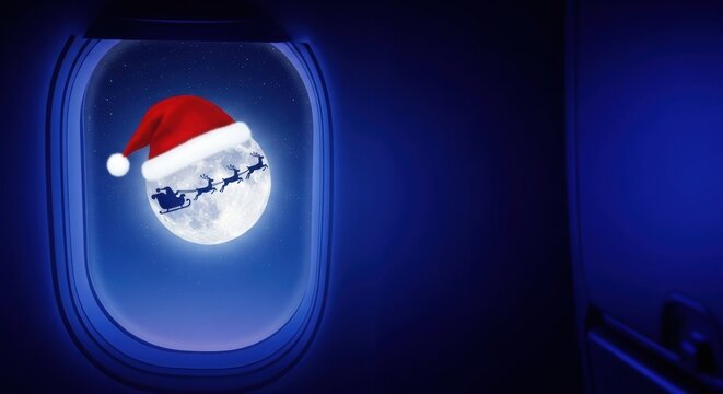 View of Santa's sleigh and hat silhouette on a full moon through an aircraft window at night