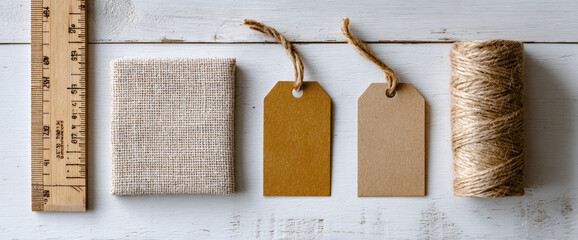 Flat lay of natural craft materials including wooden ruler, burlap fabric, blank brown tags with twine, and spool of jute string on white wooden surface