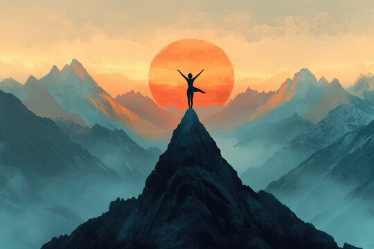 A triumphant silhouette stands atop a mountain peak with arms raised, celebrating success against a vibrant orange sun and layered peaks.