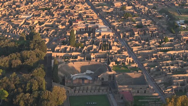 Aerial view of Pompeii Ruins. Pompeii is a large ancient Roman city, large-scale archaeological complex, Italy.