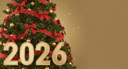 2026 numbers at the base of a Christmas tree with red ribbons and gold ornaments on a gold background