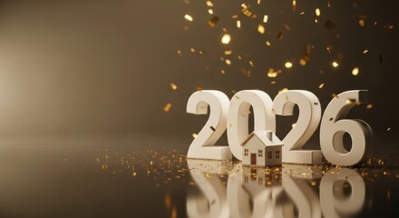 2026 title with a small house model and falling golden confetti against a moody background