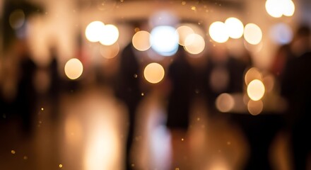 Golden bokeh lights and blurred silhouettes of people at an elegant evening party or celebration event background
