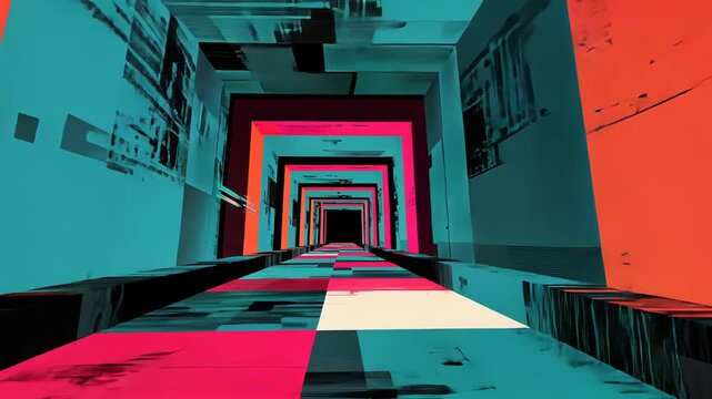 Abstract Geometric Digital Art: Vibrant 3D Patterns and Parallel Lines in Futuristic Conceptual Perspective with Cubism Blocks and Dynamic Motion for Modern Technology and Cyberpunk Visualizations.