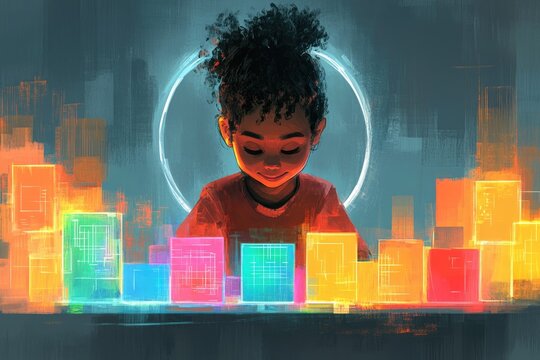 A curious child smiles, surrounded by glowing, colorful data blocks, symbolizing exploration, learning, and interaction with a vibrant digital future. - Powered by Adobe