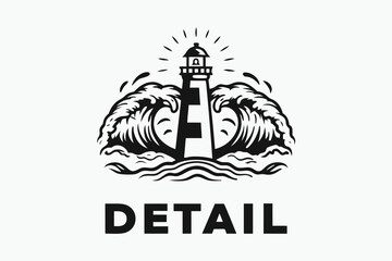 Bold monochrome lighthouse stands tall against crashing waves, its light shining brightly above