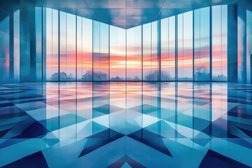 Obraz premium Modern interior with expansive glass windows reflecting a vibrant sunset. The polished floor mirrors the colorful sky, featuring abstract blue geometric patterns.