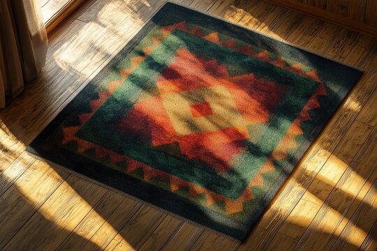 A vibrant Southwestern-style rug in green, orange, and red geometric patterns rests on a sunlit wooden floor, creating warm patterns.