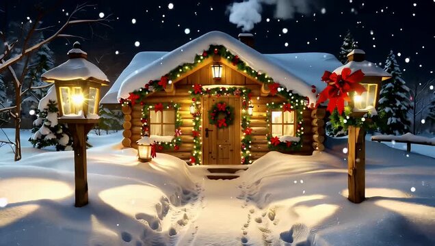 Cozy snowy christmas cabin lit with festive lights under a starry winter night