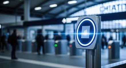 Modern contactless payment reader glowing at train station entrance for convenient travel access today