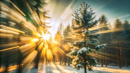 winter sunrise behind frosted pine trees warm go for web and graphic design
