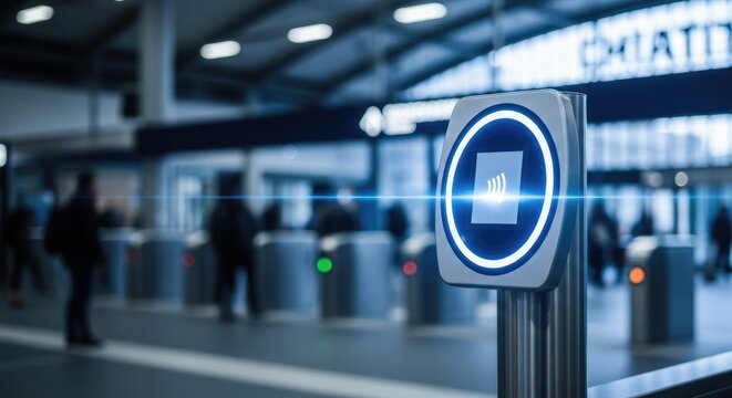 Modern contactless payment reader glowing at train station entrance for convenient travel access today