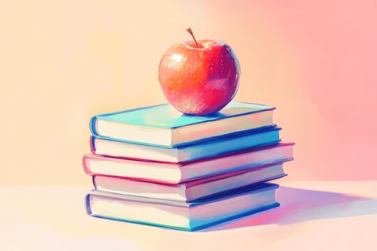 A vibrant, painterly illustration of a shiny red apple resting atop a stack of colorful books, symbolizing education and knowledge. - Powered by Adobe