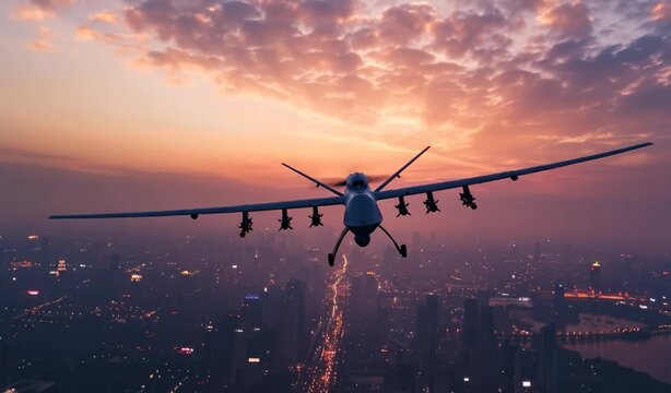 A futuristic stealth drone flies over a massive, illuminated city at dusk. This high-tech aerial view conveys the concept of surveillance and national security