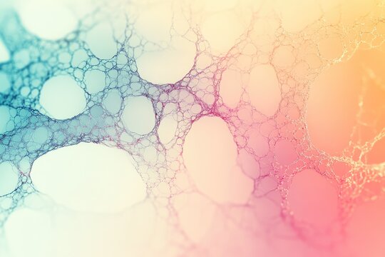A mesmerizing abstract network of interconnected cells or bubbles displays a vibrant, colorful gradient background. An intricate organic microscopic structure.