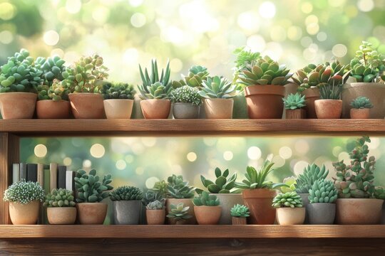 Two rustic wooden shelves display a vibrant collection of potted succulents and green plants, bathed in soft natural light, bokeh background. - Powered by Adobe