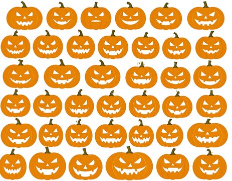 A grid of orange pumpkins, each with a carved face, in varying expressions of sinister smiles and grimaces
