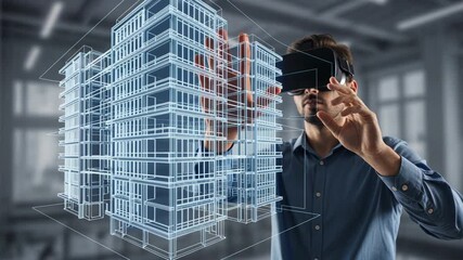 Architect immerses in virtual reality, manipulating a stunning 3D building model with futuristic AR headset for innovative design exploration and planning - Powered by Adobe