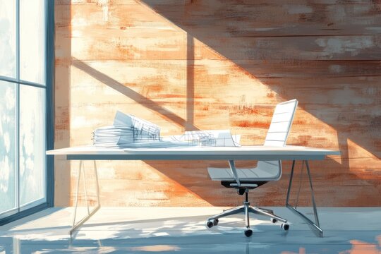 A sunlit modern office with architectural plans on a white desk and a sleek chair against a warm wooden wall and large window.