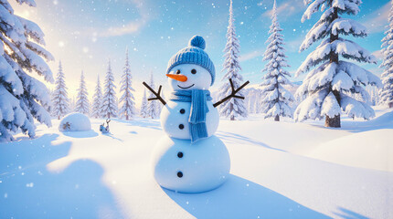 Fototapeta premium Cheerful snowman in a snowy forest with blue hat and scarf