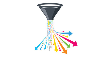 Data funnel transforming information into colorful arrows representing output, Generative AI.