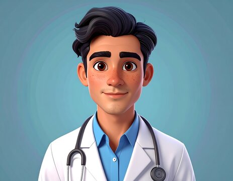 Animated depiction of a male doctor with dark hair, freckles, and a friendly expression. He wears a stethoscope and a white coat