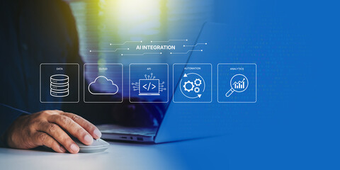 AI integration system connecting data, cloud, automation, API, and analytics through a central AI core, futuristic glowing circuit lines, Holographic UI overlay for business and technology solutions