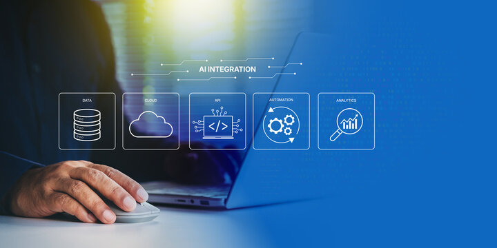 AI integration system connecting data, cloud, automation, API, and analytics through a central AI core, futuristic glowing circuit lines, Holographic UI overlay for business and technology solutions