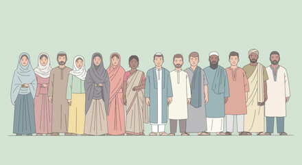 Diverse group of muslims standing together. Cultural diversity and religious tolerance.