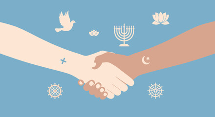 Diverse hands shaking with religious symbols, illustrating interfaith cooperation and peace.