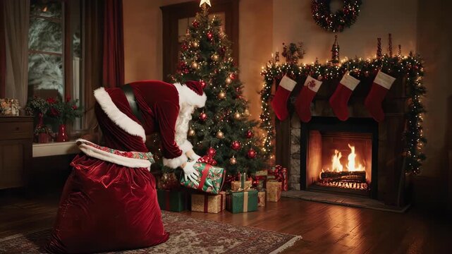 Santa Claus puts gifts from a sack under a Christmas tree in a room with a fireplace on Christmas Eve