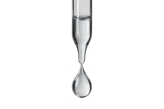 Pipette dripping clear liquid serum, a medical science experiment with transparent fluid drops for chemistry or pharmacy