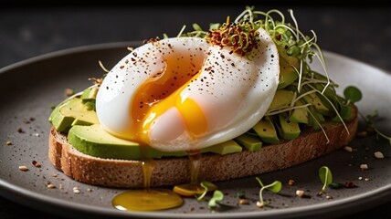 Indulge in a gourmet avocado toast experience with a perfectly poached egg, vibrant microgreens, and rich, flowing yolk, a culinary delight.