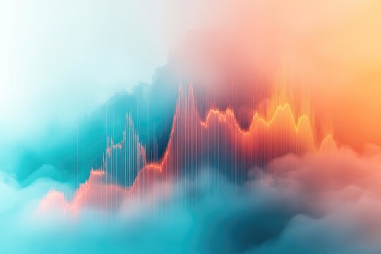 A dynamic, abstract financial or sound wave graph glowing amidst soft, atmospheric teal and orange clouds, symbolizing data visualization and digital trends.