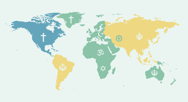 World map showing the distribution of major religions, cultural diversity and beliefs. - Powered by Adobe