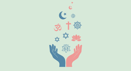 Diverse religious symbols float above hands, representing interfaith harmony and unity.