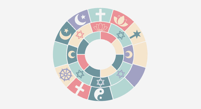 Diverse religious symbols arranged in a colorful circle, representing unity and faith.
