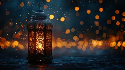 Illuminated lantern, night scene, festive lights, Ramadan celebration, greeting card