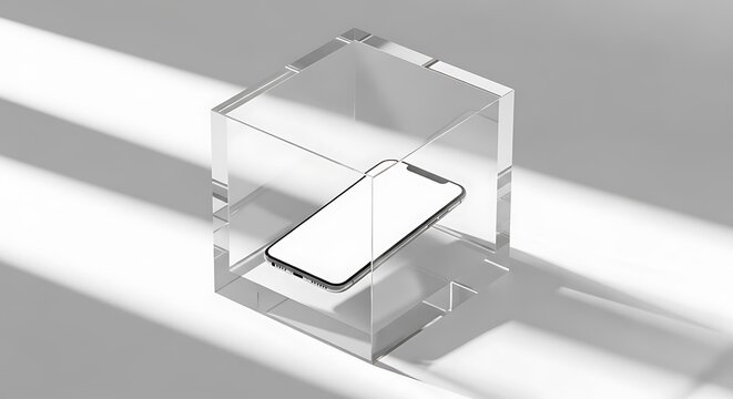 Minimalist Smartphone Mockup on Clear Acrylic Block with Sunlight Shadows.