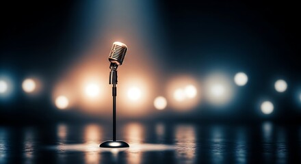 A lone retro microphone stands on a dark, reflective stage, illuminated by a single spotlight against a backdrop of beautiful bokeh lights