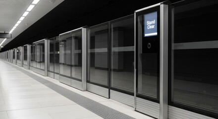 Modern subway station platform with sleek glass barriers and safety signage awaits passengers arrival safely
