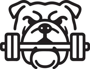 Black and white illustration of a bulldog with dumbbell