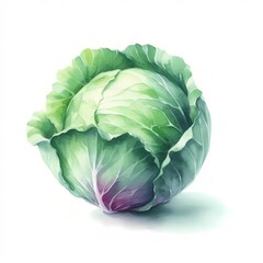 Obraz premium Watercolor illustration of a fresh green cabbage with purple hues on white background