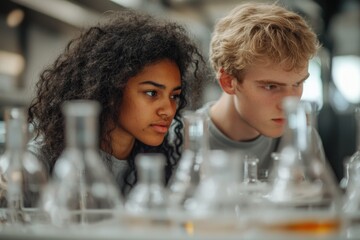 Two focused young scientists, a diverse pair, carefully observe beakers and flasks in a laboratory setting, engaged in an experiment or study.
